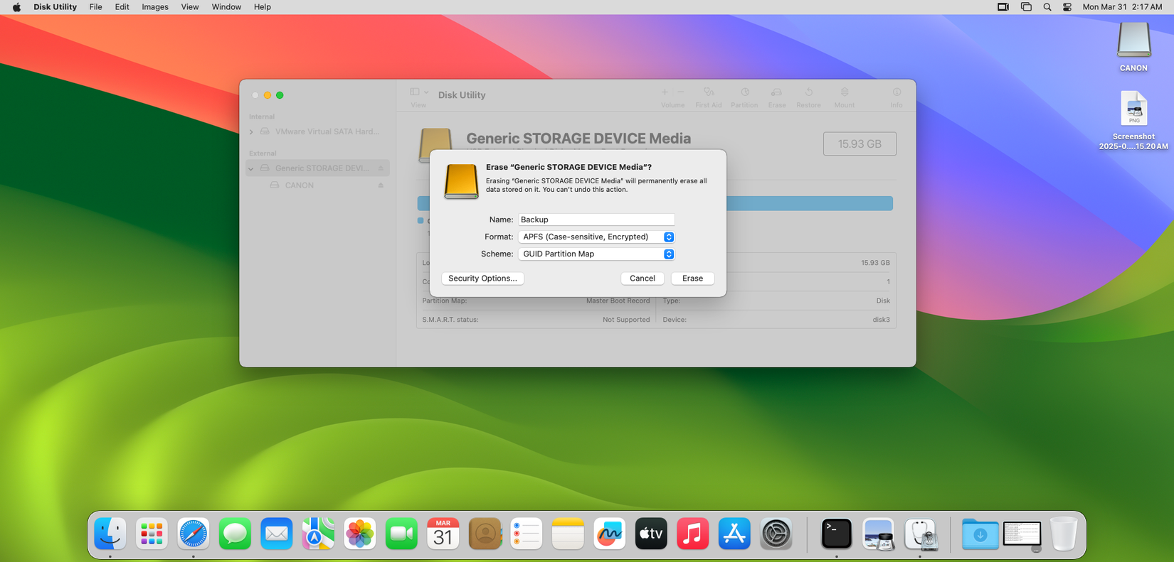 Окно Disk Utility с параметрами форматирования и шифрования внешнего диска