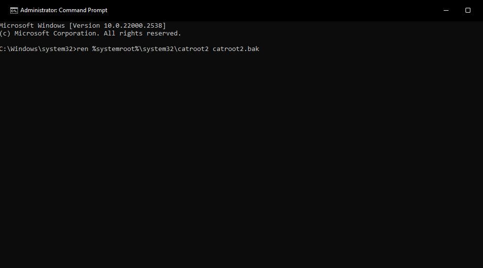 Команда ren для переименования catroot2 в Командной строке