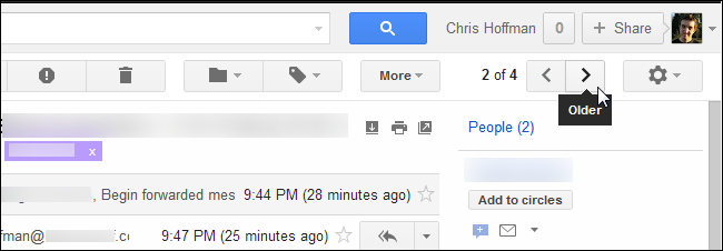 Скриншот: навигация между письмами с помощью клавиш k и j