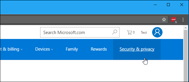 Раздел безопасности на странице учётной записи Microsoft