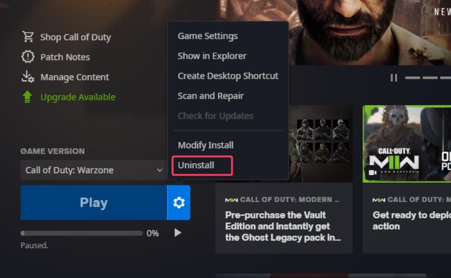 Опция «Удалить» для Call of Duty в Battle.net