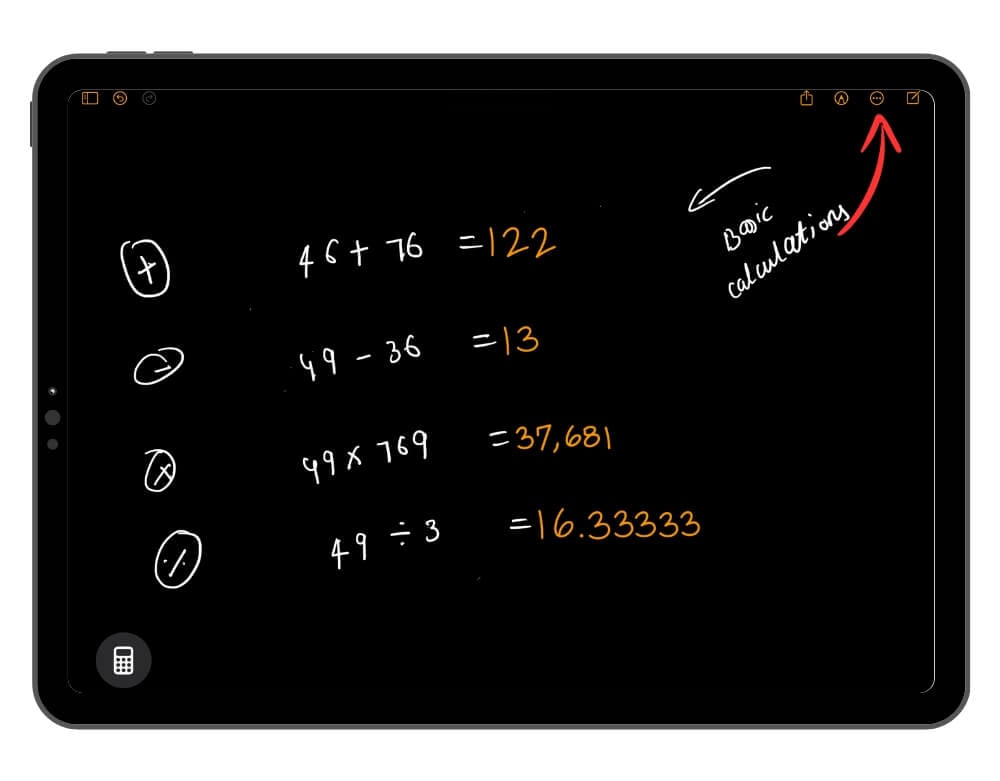 Меню Math Notes с тремя точками