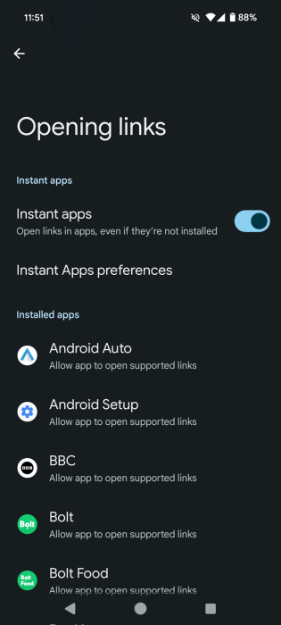 List of installed apps on Android phone visible from Settings. 
