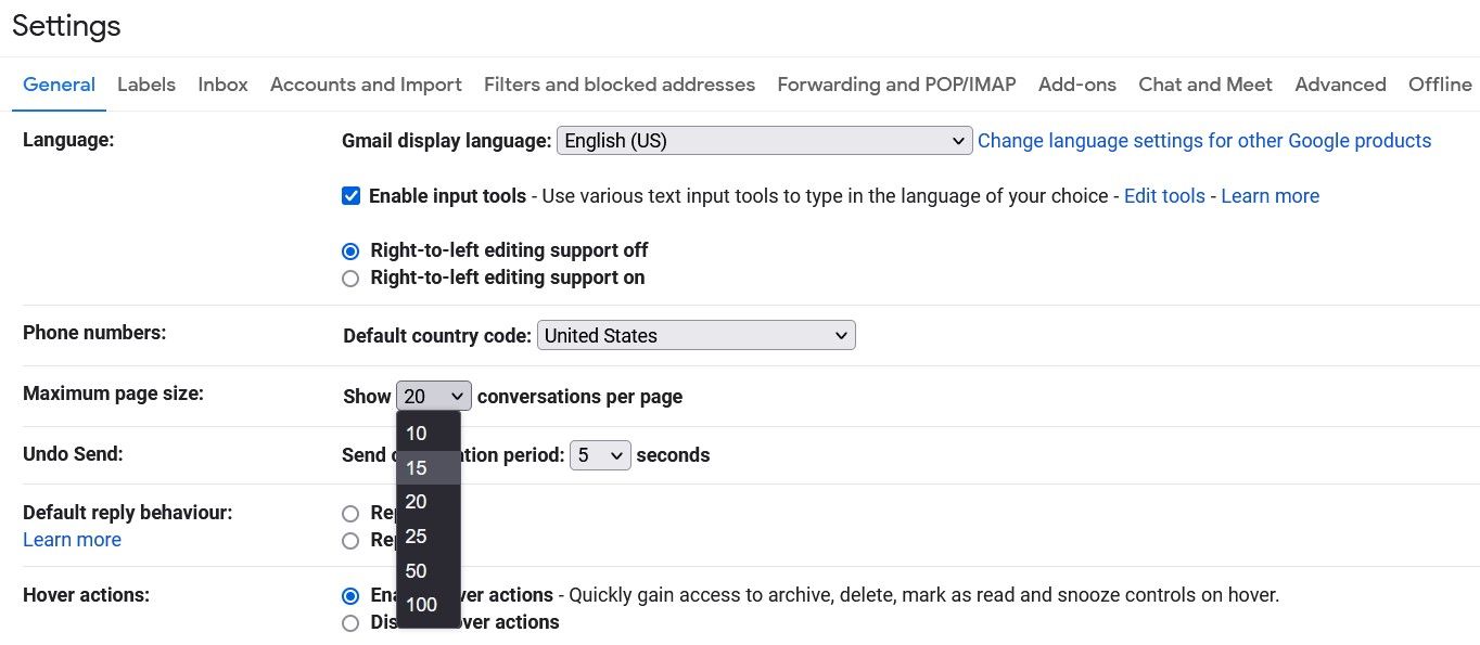 Опции максимального размера страницы в настройках Gmail