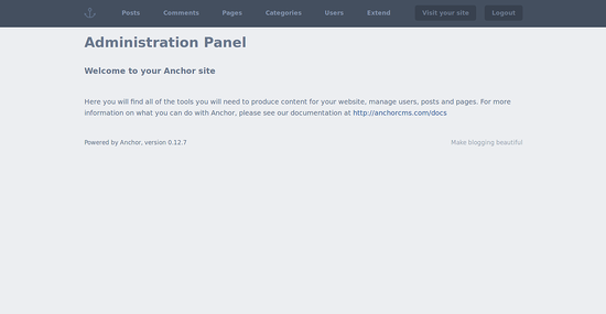 Административная панель Anchor CMS после входа