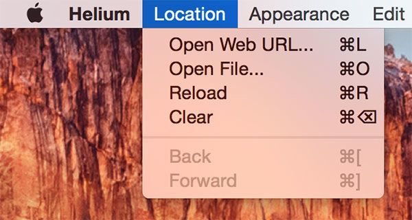 Меню Location в Helium с вариантами открытия URL или файла