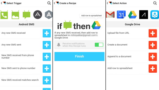 Скриншот: IFTTT создает строку в таблице Google для SMS