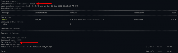 Скриншот установки Redis из репозитория AppStream