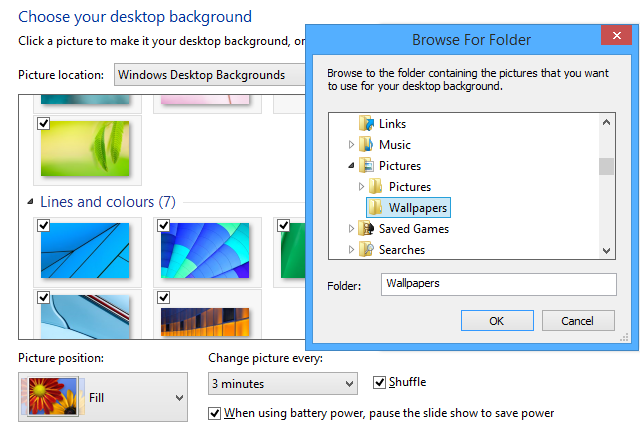 Настройки ротации обоев: выбор папки и интервала