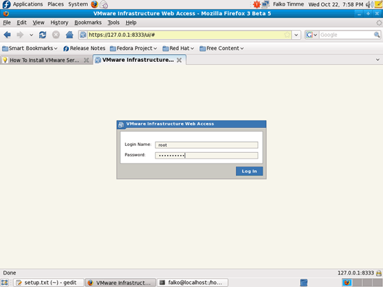 Форма входа в веб-интерфейс VMware Server