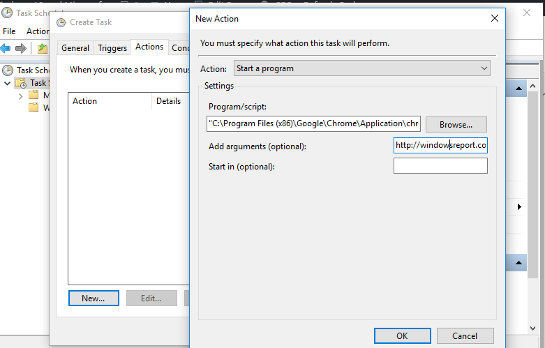 Вкладка Действия — запуск программы и аргументы (URL)