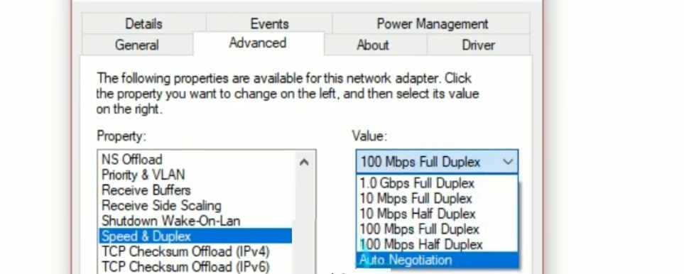Настройки Скорости и Дуплекса в параметрах сетевого адаптера