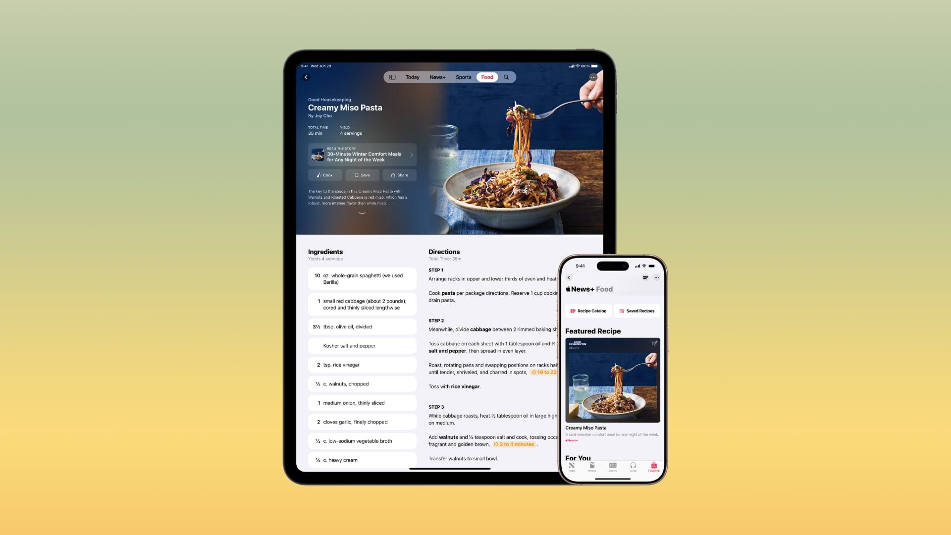 Раздел Food в Apple News на iPhone и iPad, демонстрация рецептов.