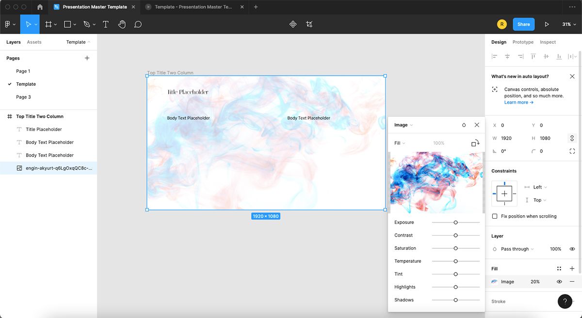 Figma frame with an image of colored smoke as the background.