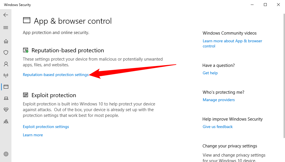 Нажмите «Reputation-based Protection Settings» для доступа к настройкам SmartScreen