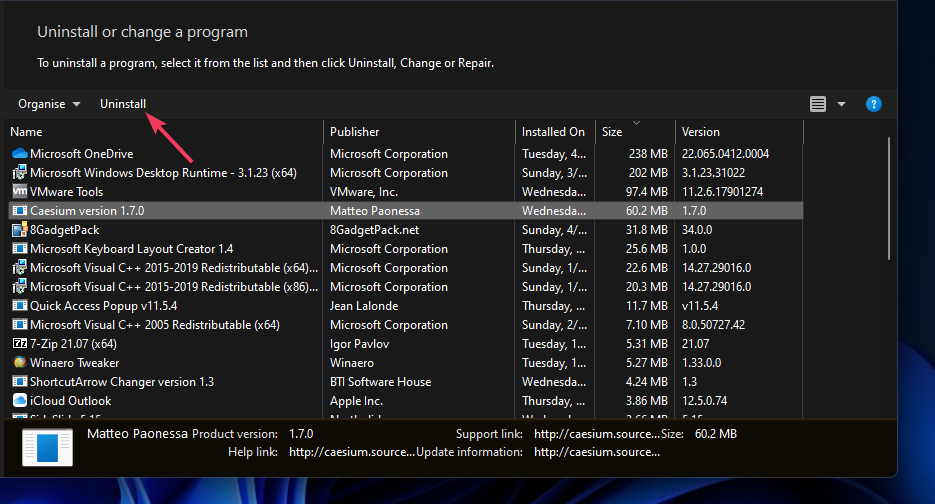 Кнопка Удалить api-ms-win-crt-runtime-l1-1-0.dll