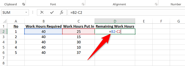 Enter the subtraction formula in the D2 cell in Excel.