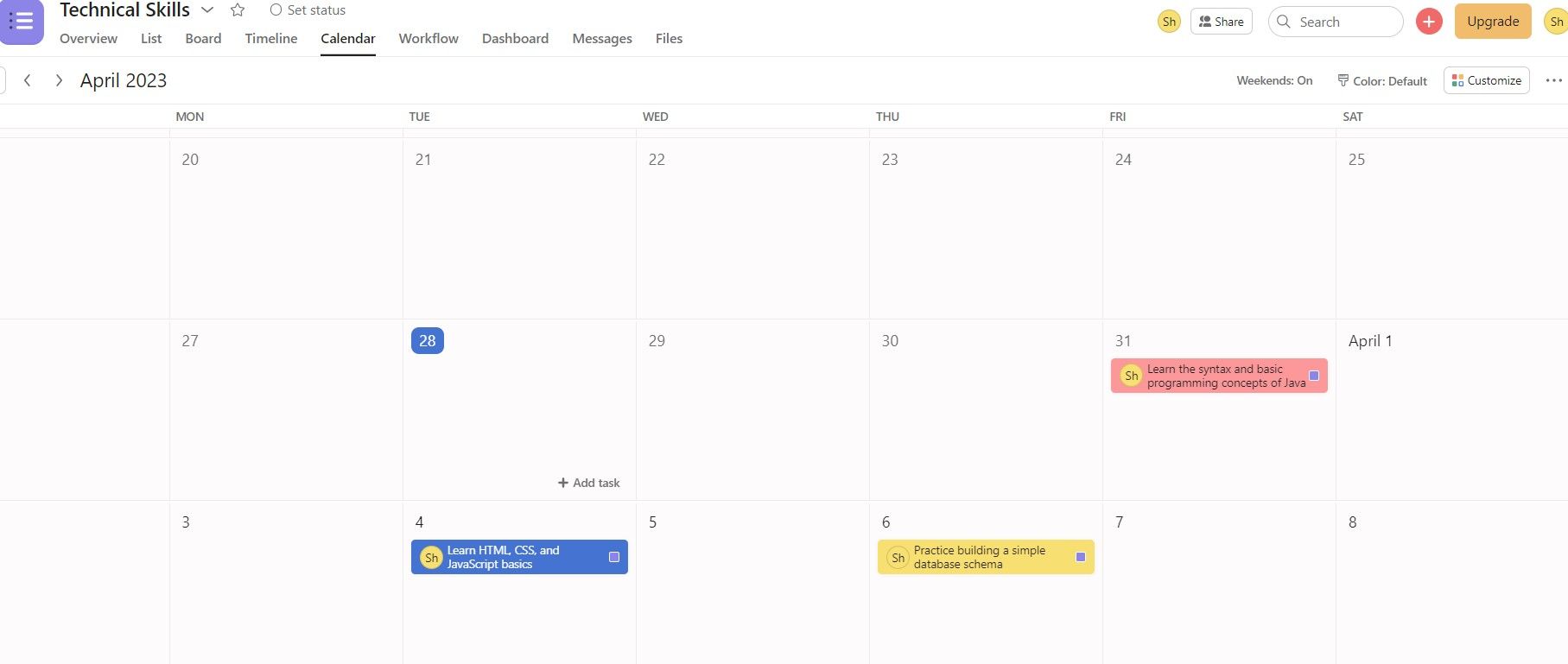 Календарь в Asana
