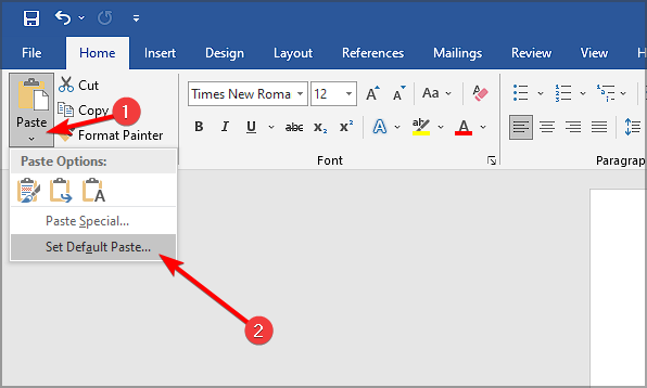 Настройка вставки по умолчанию в Word