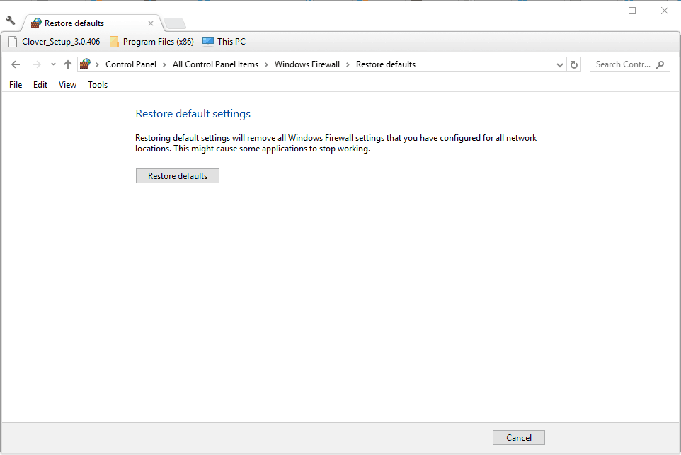 Кнопка восстановления параметров брандмауэра Windows