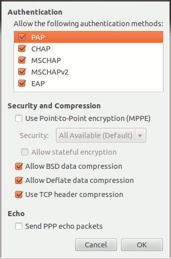 Окно дополнительных параметров PPTP: опции аутентификации и MPPE