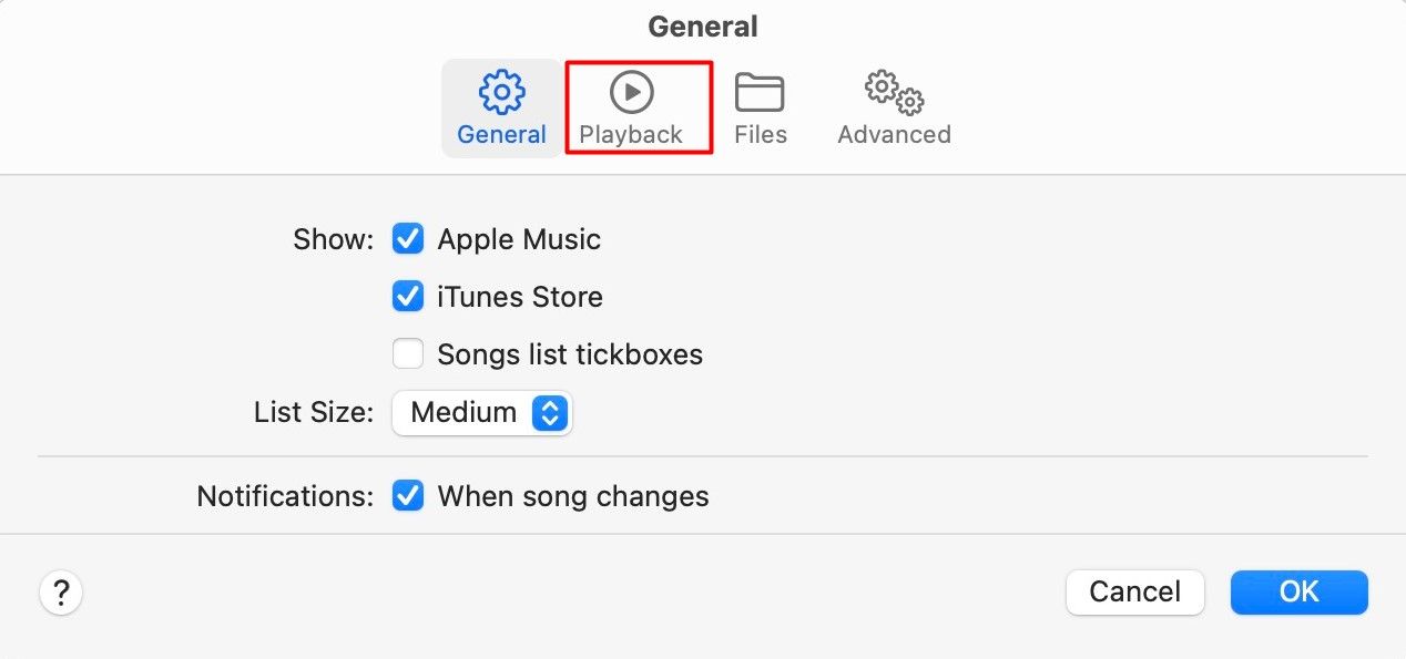 Вкладка «Воспроизведение» в настройках Apple Music на Mac.