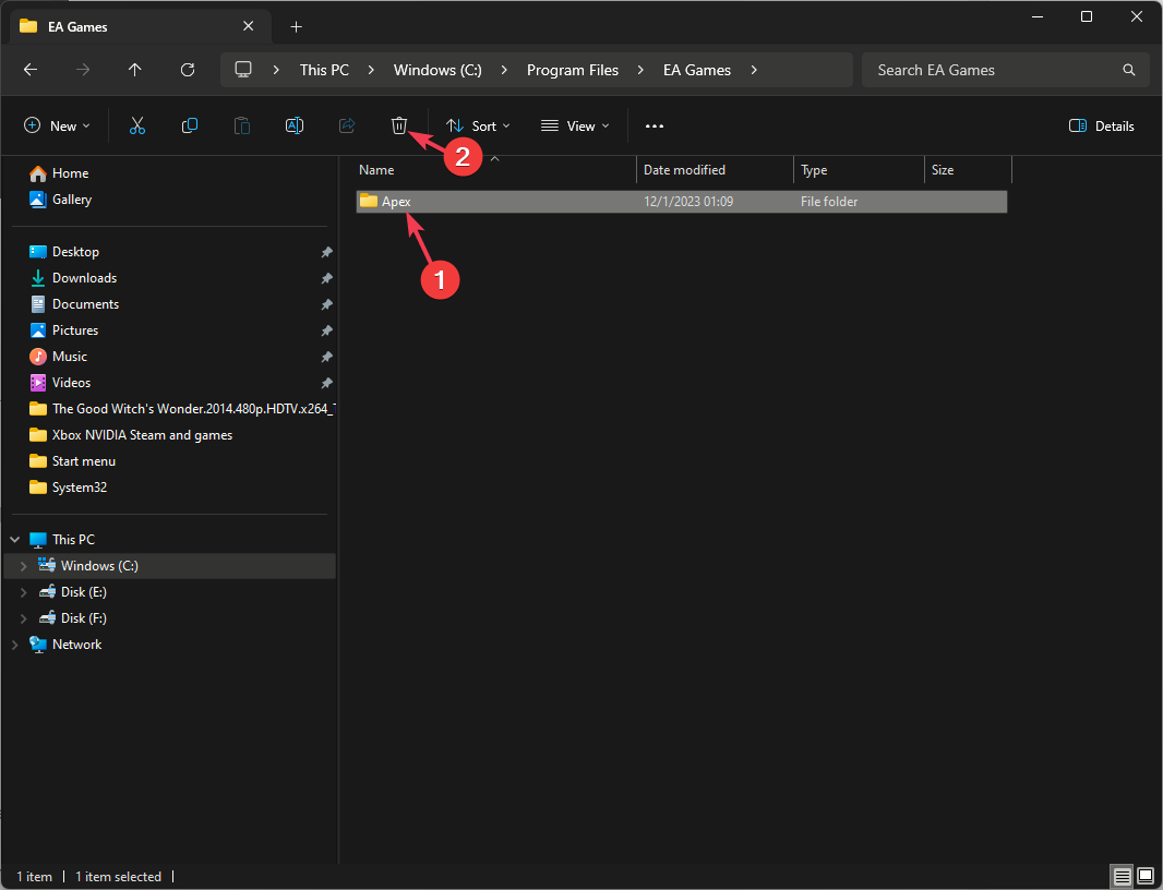 Удаление папки Apex в проводнике