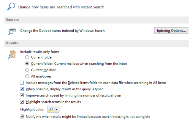Параметры поиска Outlook и связь с индексированием Windows