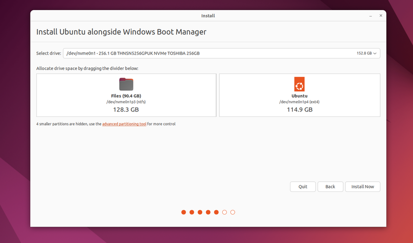 Окно подтверждения установки Ubuntu рядом с Windows Boot Manager