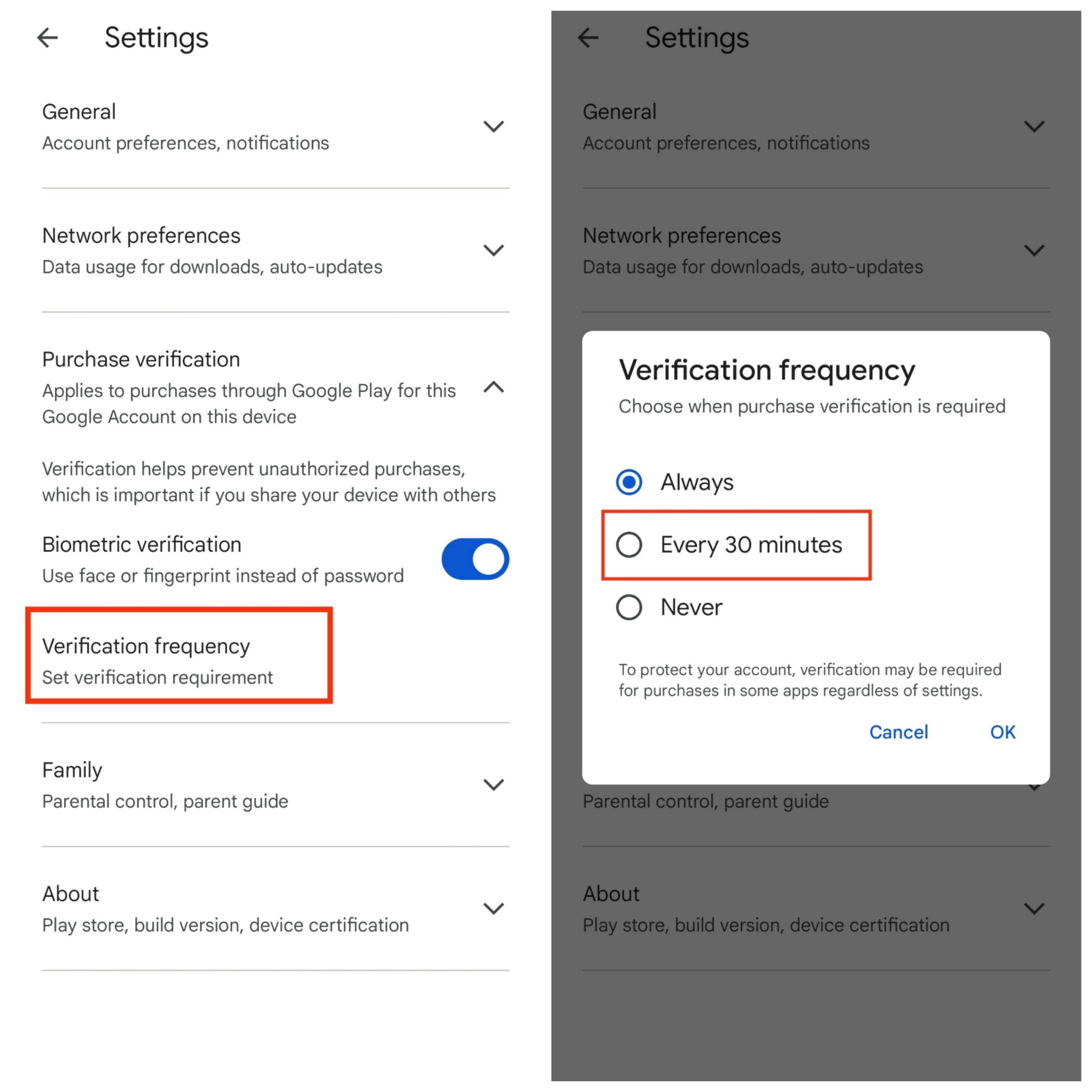 Параметры частоты проверки покупок в Google Play