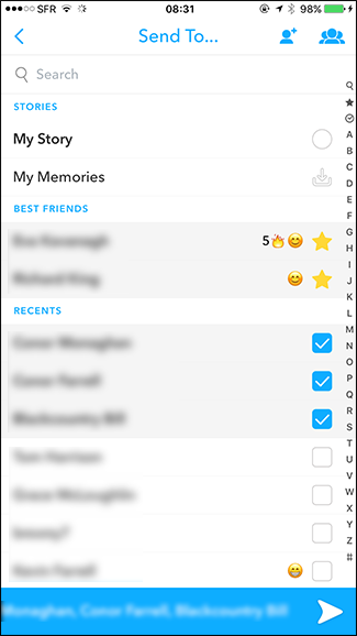 Выбор контакта для отправки Snap