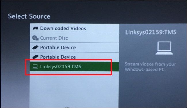 DLNA‑устройство (скриншот с Xbox) на котором видна папка Linksys для стриминга