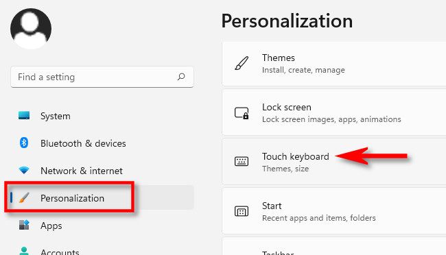 В Параметрах Windows 11 выберите «Персонализация», затем «Сенсорная клавиатура».