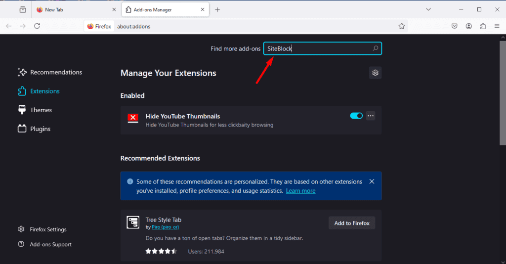 Поле поиска расширений со словом SiteBlock