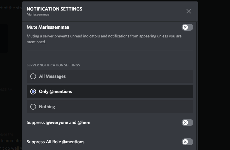 Настройки уведомлений Discord внутри приложения