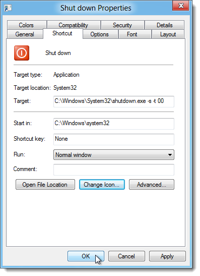 Сохранённый значок в свойствах ярлыка