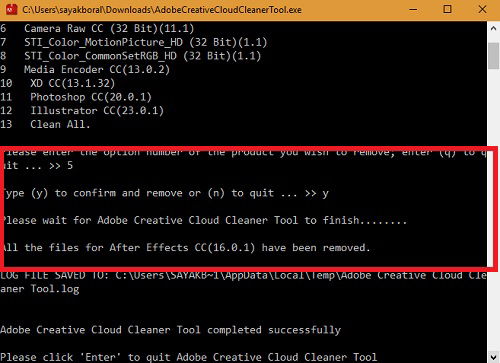 Успешное удаление продукта через Creative Cloud Cleaner
