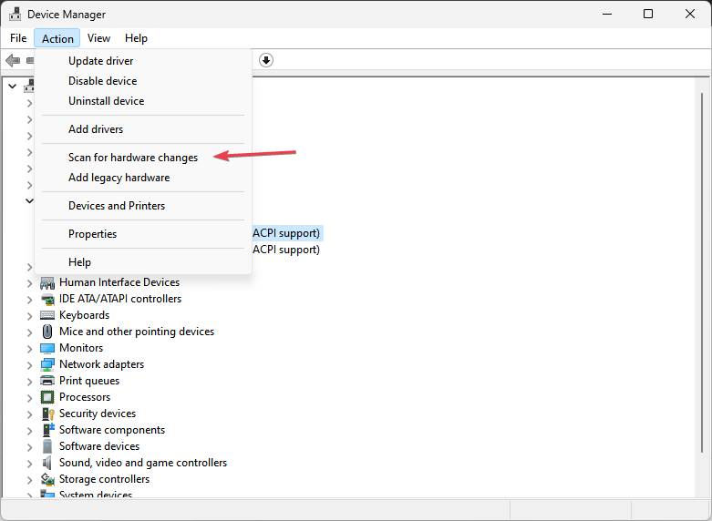 Меню Действие в Диспетчере устройств с опцией Сканировать на предмет изменений оборудования
