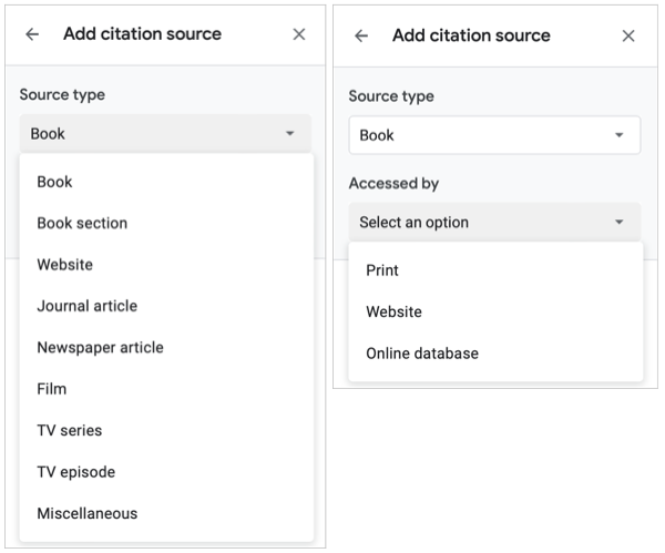 Выбор типа источника и способа доступа: Print, Website, Online Database