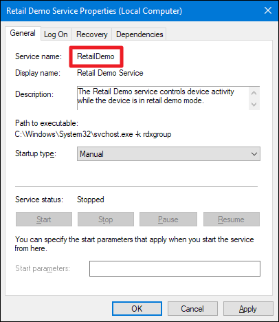 Поле с именем службы в свойствах
