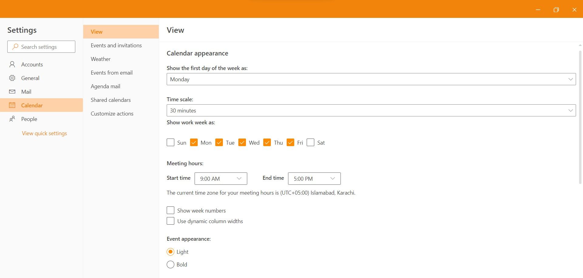 Настройки вида календаря