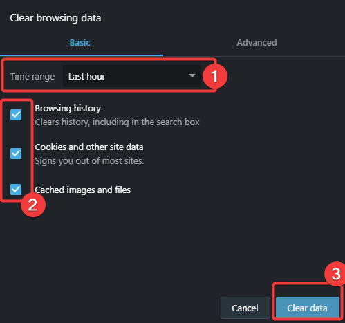 Параметры очистки данных: история, куки, кэш