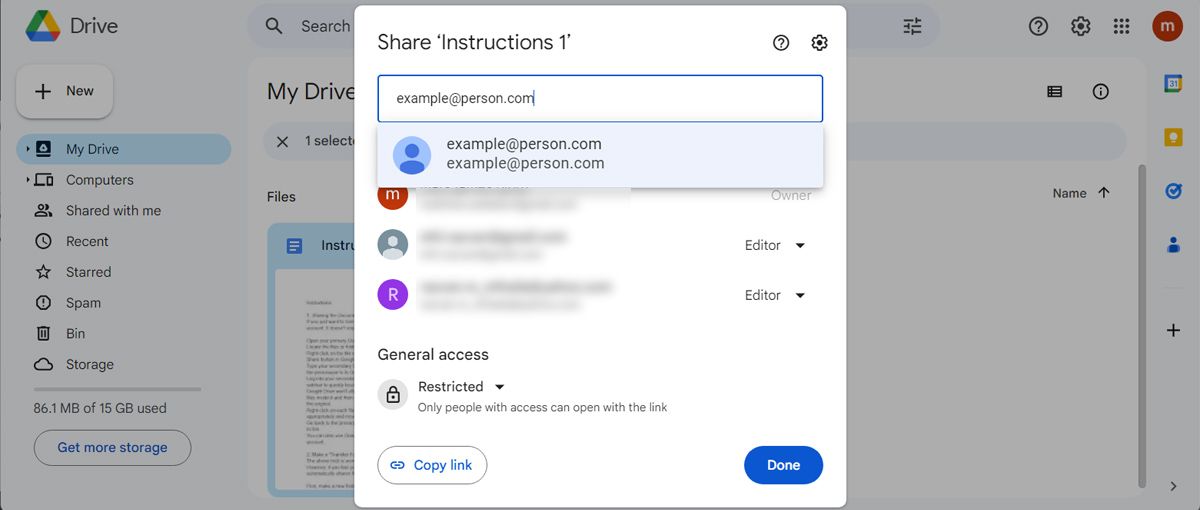 Отправка приглашения по email для совместного доступа к файлам Google Drive