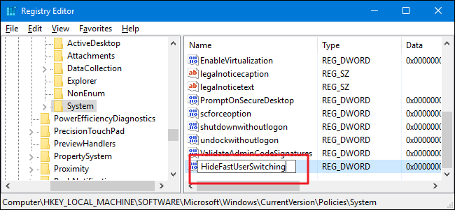 Создание значения HideFastUserSwitching в реестре