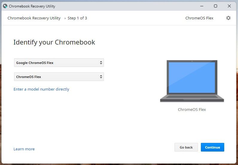 Выбор ChromeOS Flex в утилите восстановления Chromebook