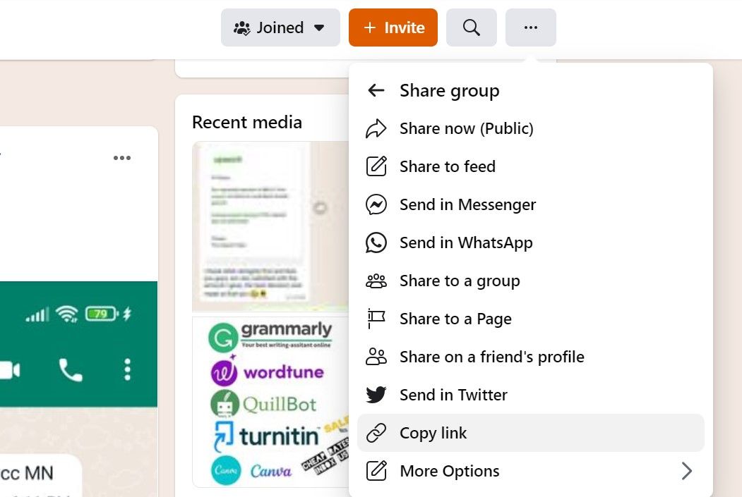 Поделиться и копировать ссылку группы Facebook