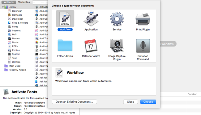 Окно Automator: выбор типа 'Рабочий процесс'