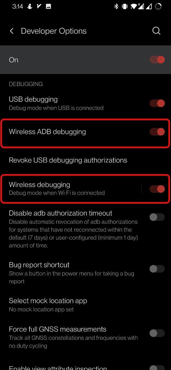 Параметры для разработчиков на Android