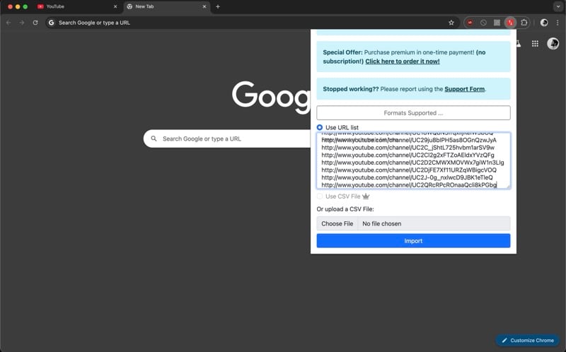 Вставка списков каналов в Subscriptions Importer For YouTube для переноса