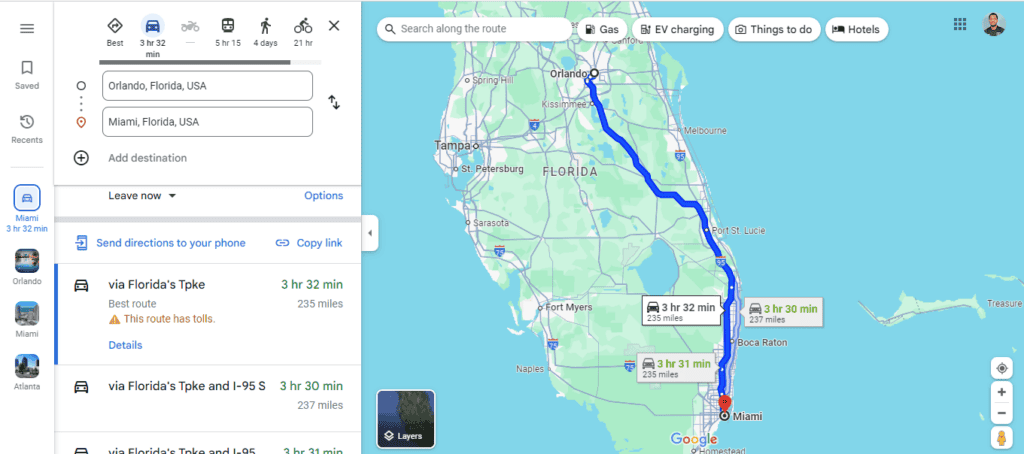 Построенный маршрут на карте